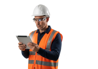 Construction worker wearing a white hard hat and safety glasses reviews data on a tablet computer isolated on transparent background