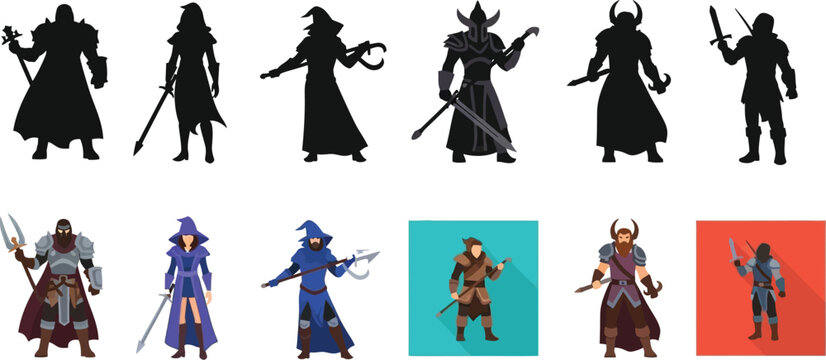 Fototapeta Diverse fantasy characters and silhouettes, including warriors and sorcerers, for game design or illustration.
