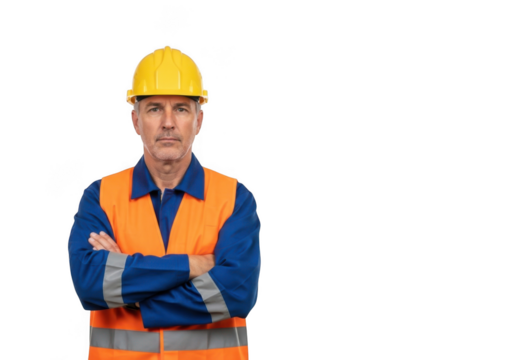 Experienced male construction worker wearing safety vest and hard hat with arms crossed isolated on transparent background