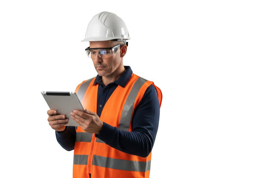 Construction worker wearing a white hard hat and safety glasses reviews data on a tablet computer isolated on transparent background