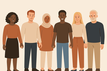 Obraz premium Diverse group of people holding hands symbolizing unity and inclusivity in warm illustration