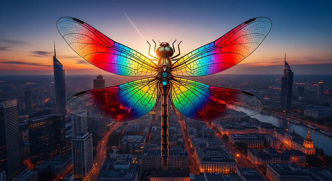 A vibrant dragonfly with rainbow wings hovering over a cityscape at sunset with tall buildings seen