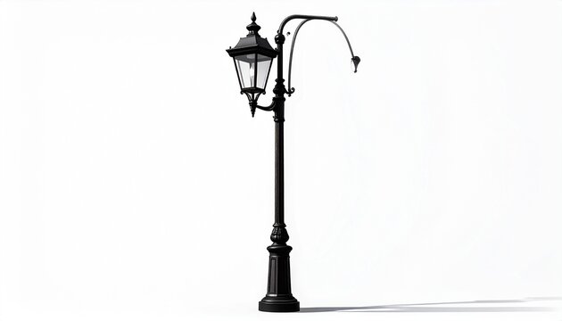 Vintage black street lamp post with curved arm and lantern light, classic outdoor urban lighting design.