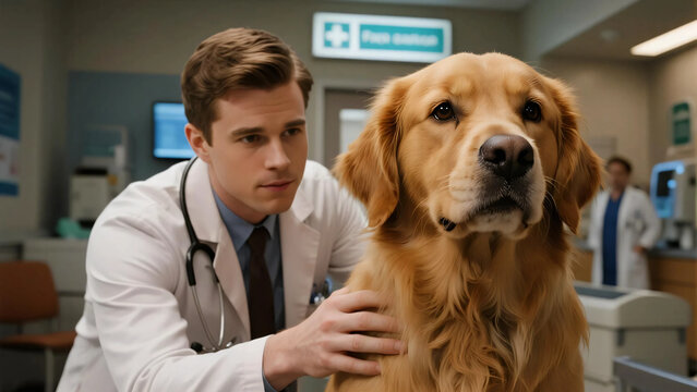 A veterinarian and a noble golden retriever. The veterinarian manages the pet's health. At the animal hospital, the pet is undergoing a regular checkup examination. - Powered by Adobe