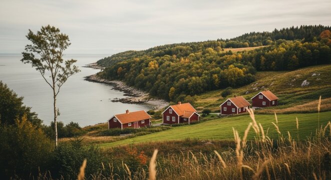 Traditional red Scandinavian houses on a green coastal hillside. Nordic village landscape with autumn forest and sea view. Peaceful rural living and travel destination. Idyllic countryside community