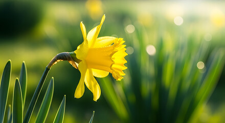 Close up of a single yellow daffodil flower with green leaves and a blurred background in bright sunlight © Mamboo