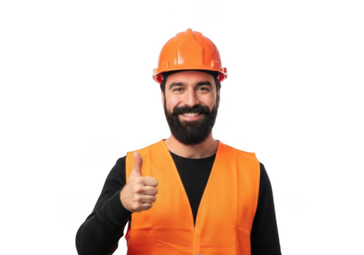 A smiling construction worker wearing an orange hard hat and safety vest gives a thumbs up isolated on transparent background - Powered by Adobe