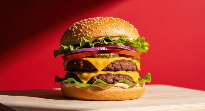 Gourmet double cheeseburger with fresh vegetables. Classic American fast food for a restaurant menu. Grilled beef patties with melted cheddar and sesame bun. Food delivery concept