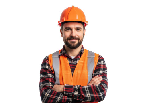 A smiling construction worker wearing an orange hard hat and reflective safety vest with arms crossed isolated on transparent background