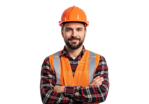 A smiling construction worker wearing an orange hard hat and reflective safety vest with arms crossed isolated on transparent background