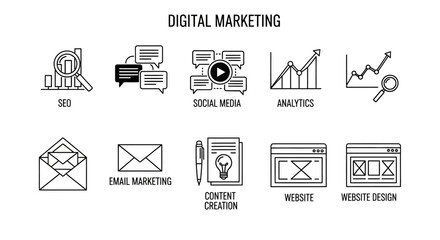 A collection of line art icons representing various digital marketing strategies and concepts, including SEO, social media, analytics, email marketing, content creation, and website design.