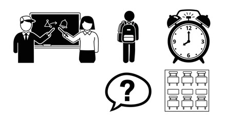 Black and white icons depicting school, student, question, alarm clock, and beds.