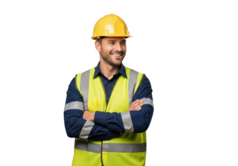 Smiling construction worker wearing yellow hard hat and high visibility vest with arms crossed isolated on transparent background