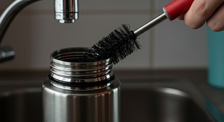 Close up shot of a flexible brush reaching deep into a reusable drinking flask, removing residue and ensuring sparkling hygiene in the kitchen sink ,container ,washing ,transparent