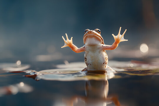 a frog is sitting in the water with its arms up