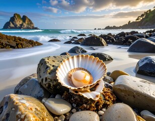Seashell with pearl on a rocky shore by the ocean