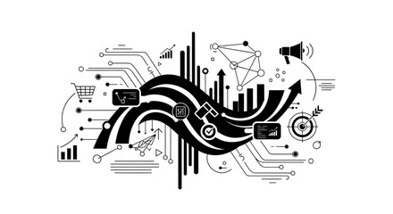 Abstract digital marketing illustration with icons and data flow.