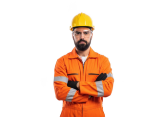 Serious bearded construction worker wearing yellow hard hat and orange safety coveralls with crossed arms isolated on transparent background