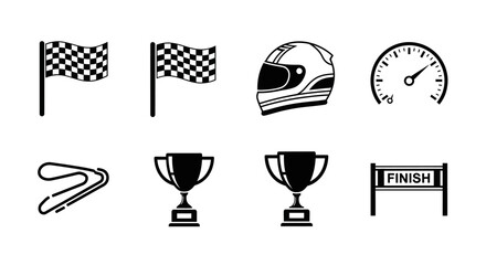 Set of black and white racing icons including checkered flags, helmet, speedometer, track, trophies, and finish line.