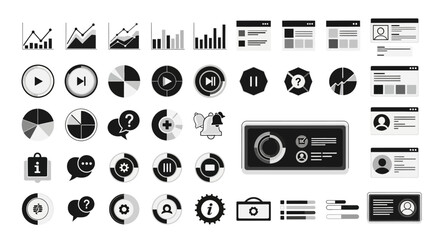 A comprehensive collection of black and white icons representing various business and technology concepts, including charts, graphs, media controls, user profiles, and informational elements.