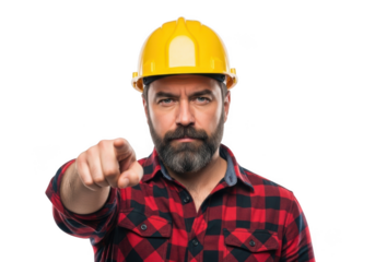 Serious bearded man wearing yellow hard hat and red plaid shirt points finger directly at viewer isolated on transparent background