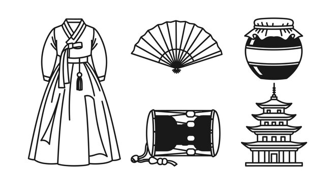 A collection of black and white line art icons representing traditional Korean culture, including a hanbok, fan, drum, and pagoda.