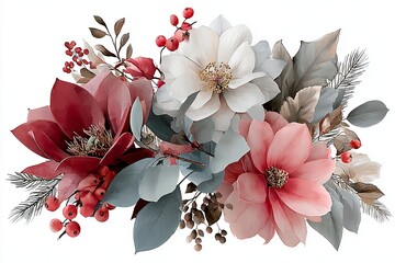 Beautiful and elegant Christmas themed watercolor bouquet of roses, poinsettias, peonies, lisianthus, leaves and pine cones in warm tones