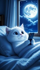 Cute white cat lying in bed using smartphone by moonlit window  