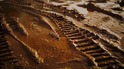 Close-up of muddy terrain with tire tracks. The surface is wet and uneven, showcasing the texture of the mud and the imprint of the tires.