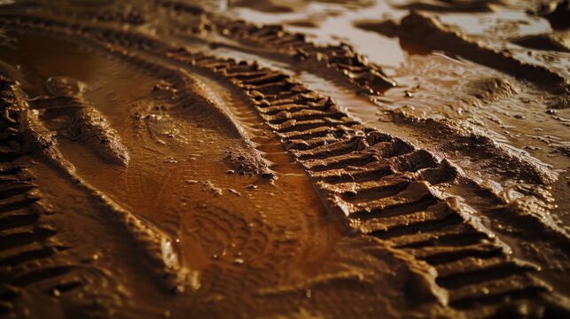 Close-up of muddy terrain with tire tracks. The surface is wet and uneven, showcasing the texture of the mud and the imprint of the tires.