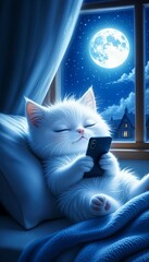 Cute white cat relaxing and using smartphone near window at night  