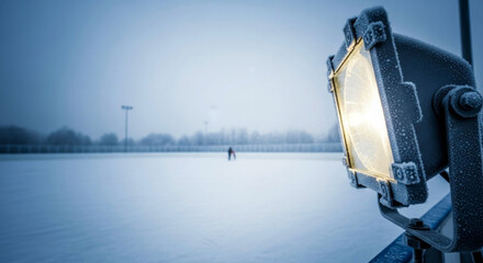 skating rink floodlights shining over ice arena in winter evening outdoor sports and recreation concept