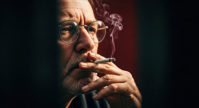 Intense portrait of a senior Caucasian man with glasses smoking. Pensive intellectual in deep thought. Cinematic concept of stress, addiction, and unhealthy habits. Solitude and contemplation