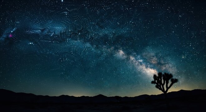 Cosmic view of the Milky Way galaxy at night. Solitary Joshua tree silhouette in a desert wilderness. Astrophotography for astronomy and science. Concept of space exploration