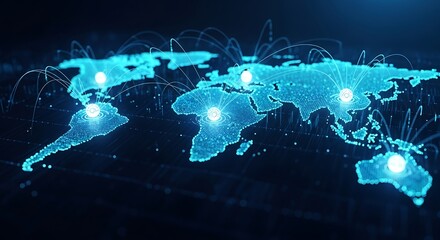 A glowing digital world map with interconnected marketing nodes, data streams connecting continents, representing global online advertising and connectivity, deep blue and cyan color palette.