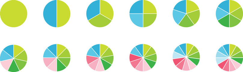 Pie charts diagram set.  Different color circles isolated. Circle section graph. Circle pie charts 1,2,3,4,5,6,7,8,9,10,11,12 sections.