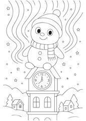 coloring book snowman floating above clock tower in magical snow