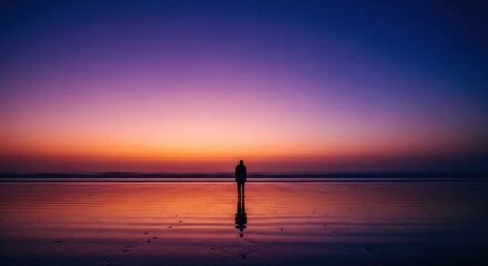 Lone figure silhouette on a reflective beach watching the sunset. Contemplation and personal journey concept. Mindfulness in nature for mental wellness. Facing the future with hope and calm