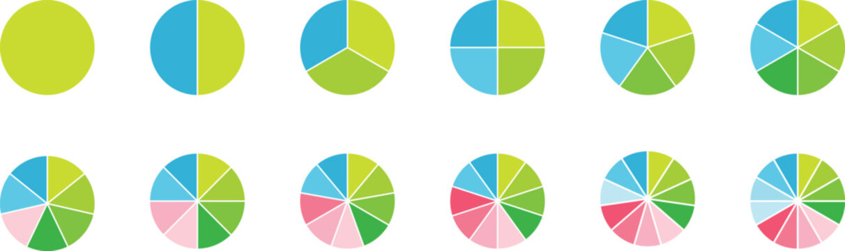 Pie charts diagram set.  Different color circles isolated. Circle section graph. Circle pie charts 1,2,3,4,5,6,7,8,9,10,11,12 sections.
