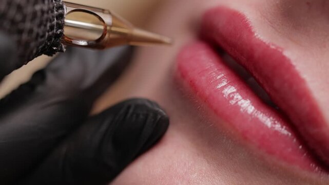Banner Procedure microblading, portrait of woman applying permanent tattoo makeup on lips in beauty salon.