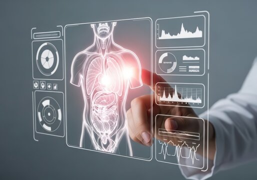 Doctor interacting with virtual human body interface. Medical diagnostic and health analyze display. Future healthcare technology for detailed anatomical study.
