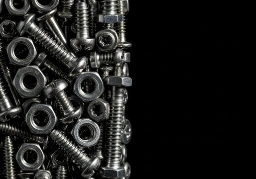Many metal screw and nut on black background. Construction and engineering parts for repair or industrial work. Hardware tool concept.