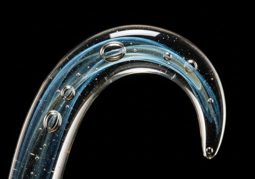 Curved clear glass tube with blue and gold flowing liquid inside and many small air bubbles against a black background. Abstract scientific concept or futuristic design. - Powered by Adobe