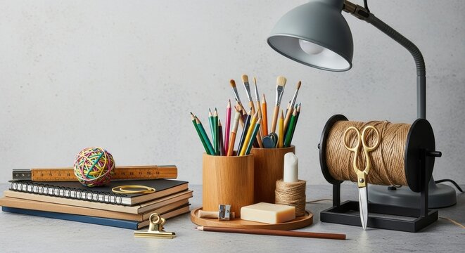 Organized creative workspace with art supplies and stationery. Wooden desk accessories with colored pencils and brushes. Modern lamp illuminating notebooks and a twine dispenser
