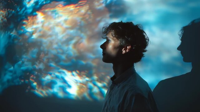 A thoughtful young man gazes forward, surrounded by vibrant, ethereal light patterns on a blue background. The surreal lighting creates a futuristic and imaginative visual effect