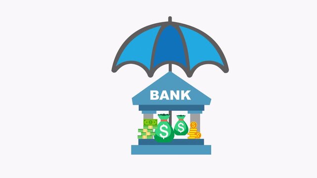 Bank with money bags, coins, and umbrella for financial protection. Perfect for finance, banking, insurance, and investment concepts illustration.
