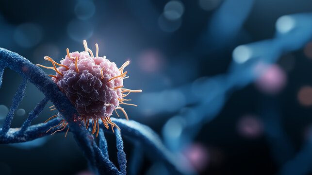 DNA strand and cancer cell 3D rendering faceless oncology research visualization slightly defocused molecular background scientific concept genetic research illustration medic