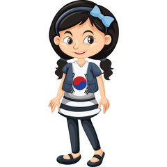 Cartoon Girl with Dark Hair Pigtails and Blue Bow Wearing Korean Flag Shirt Dark Pants and Blue Jacket White Background