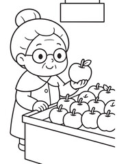 coloring book grandmother choosing apples at supermarket