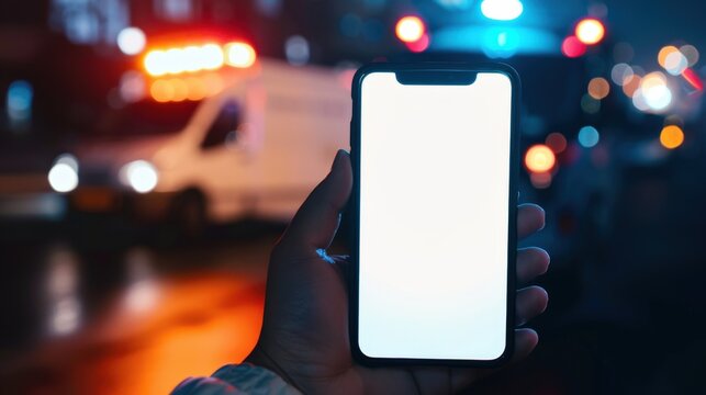 A hand holds a smartphone with a blank screen at night. Emergency vehicle lights illuminate the background, creating a dramatic urban scene. - Powered by Adobe